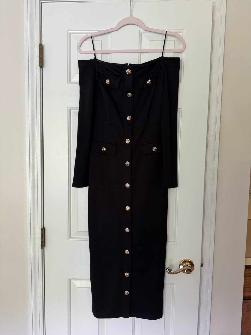 Local European Black Off-Shoulder Long Sleeve Midi Dress with Gold Buttons